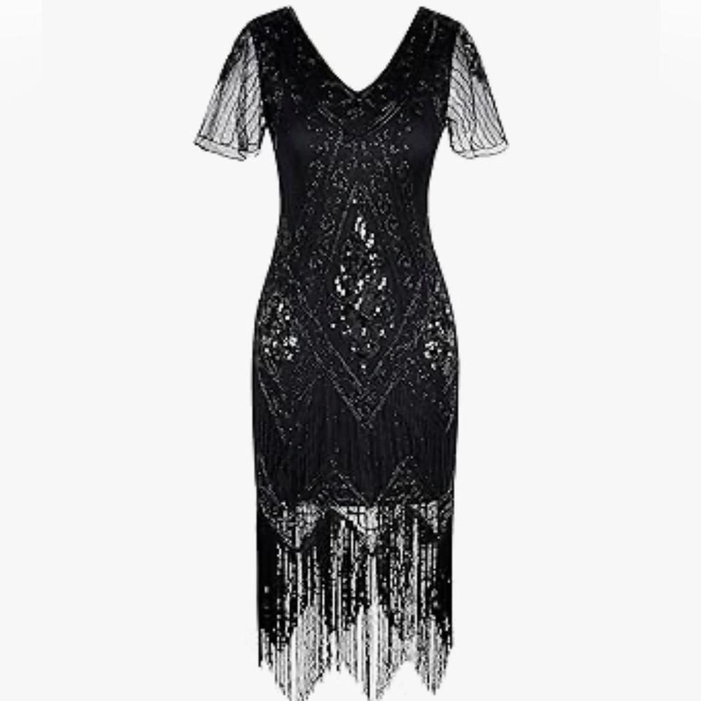 Elegant 1920’s Style Sequin Flapper Dress Black Fringe Art Deco